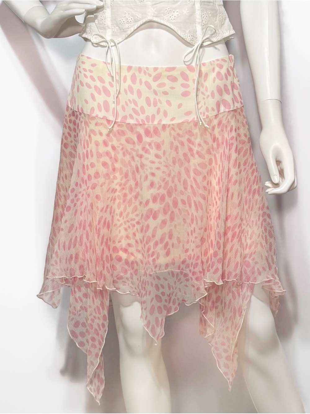 Trina Turk Pink and Cream Asymmetrical Asymmetrical  Hem flowy Silk Skirt | Size